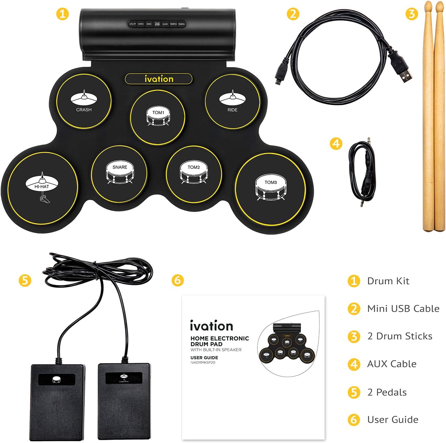 Ivation Portable Electronic Drum Pad - Built-in Speaker (DC Powered) - Digital Roll-Up Touch Sensitive Drum Practice Kit - 7 Labeled Pads and 2 Foot Pedals for Kids Children Beginners