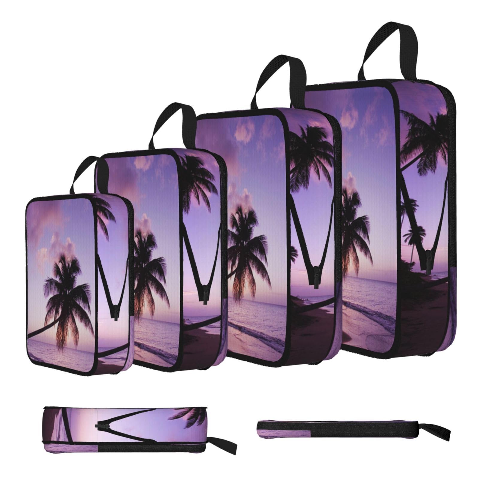 Purple Coconut Tree Print Compression Packing Cubes 4-Piece Set With Multi- Compartment Travel Bag, Waterproof Suitcase Organiser Bags