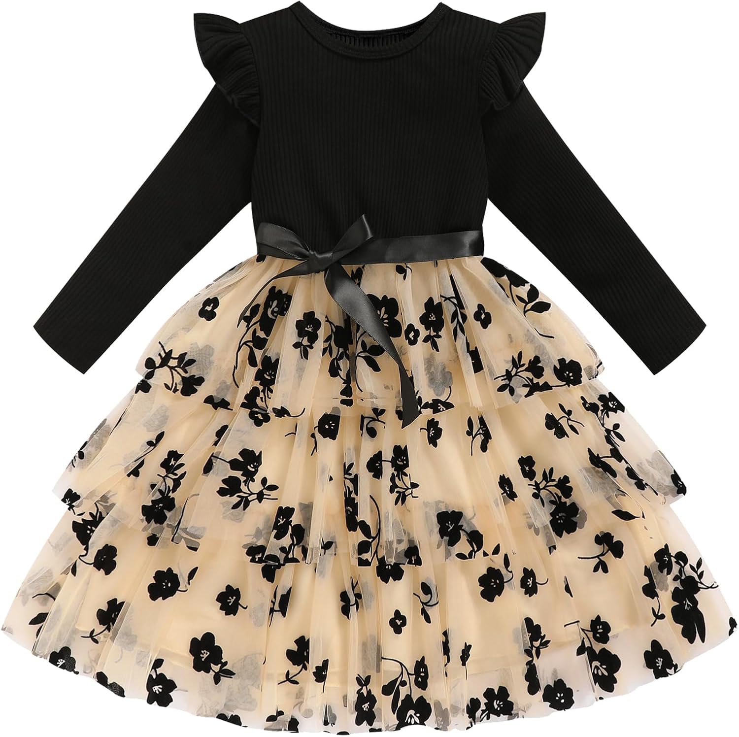 Toddler Dress Girls Ruffle Long Sleeve Layered Tulle Dress Fall Spring Fashion Party Dresses 2-6Y