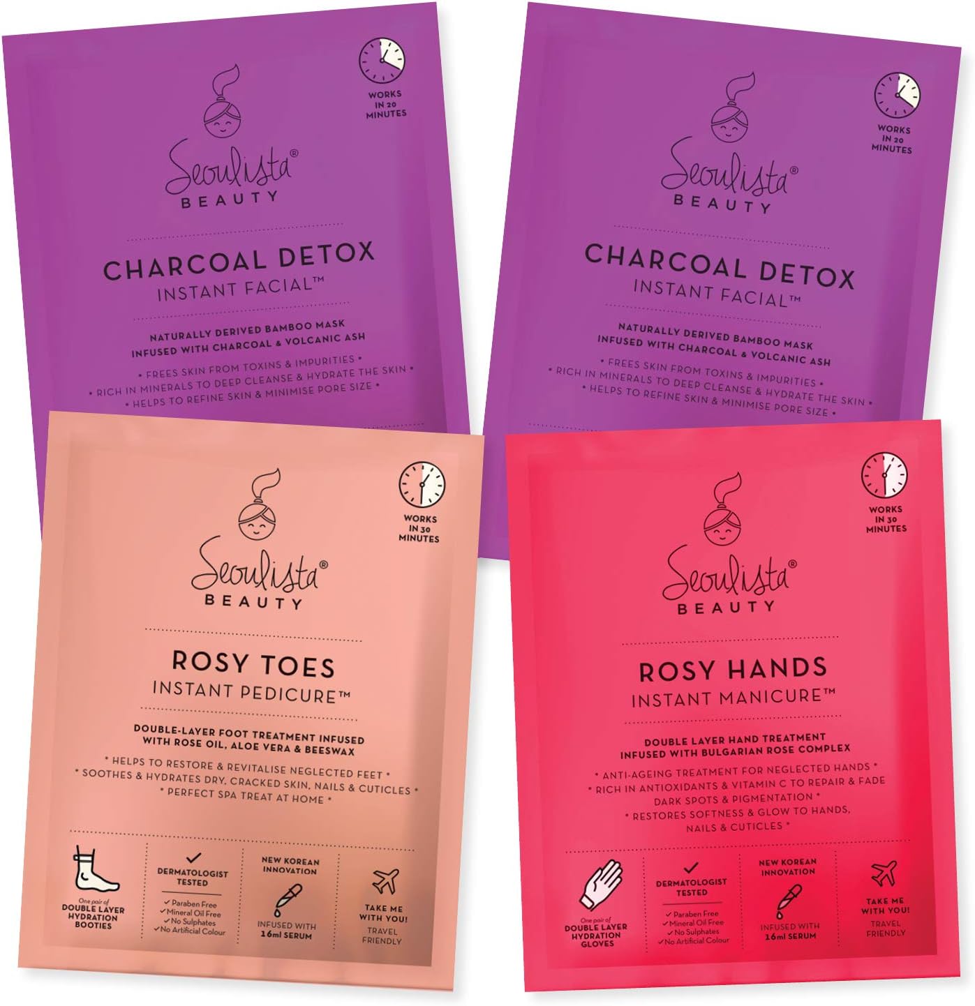 Seoulista Beauty Combination Skin Bundle Multipack — Two Charcoal Detox Instant Facials, Rosy Hands Instant Manicure, and Rosy Toes Instant Pedicure