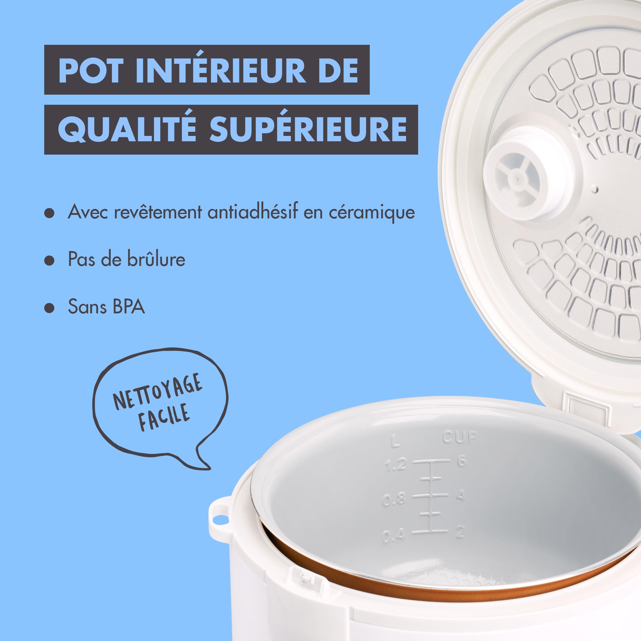 REISHUNGER Cuiseur riz (rice cooker) & cuiseur à vapeur Noir avec fonction de maintien au chaud - 1.2 l pour 1-6 personnes - Revêtement céramique avec insert pour cuiseur à vapeur