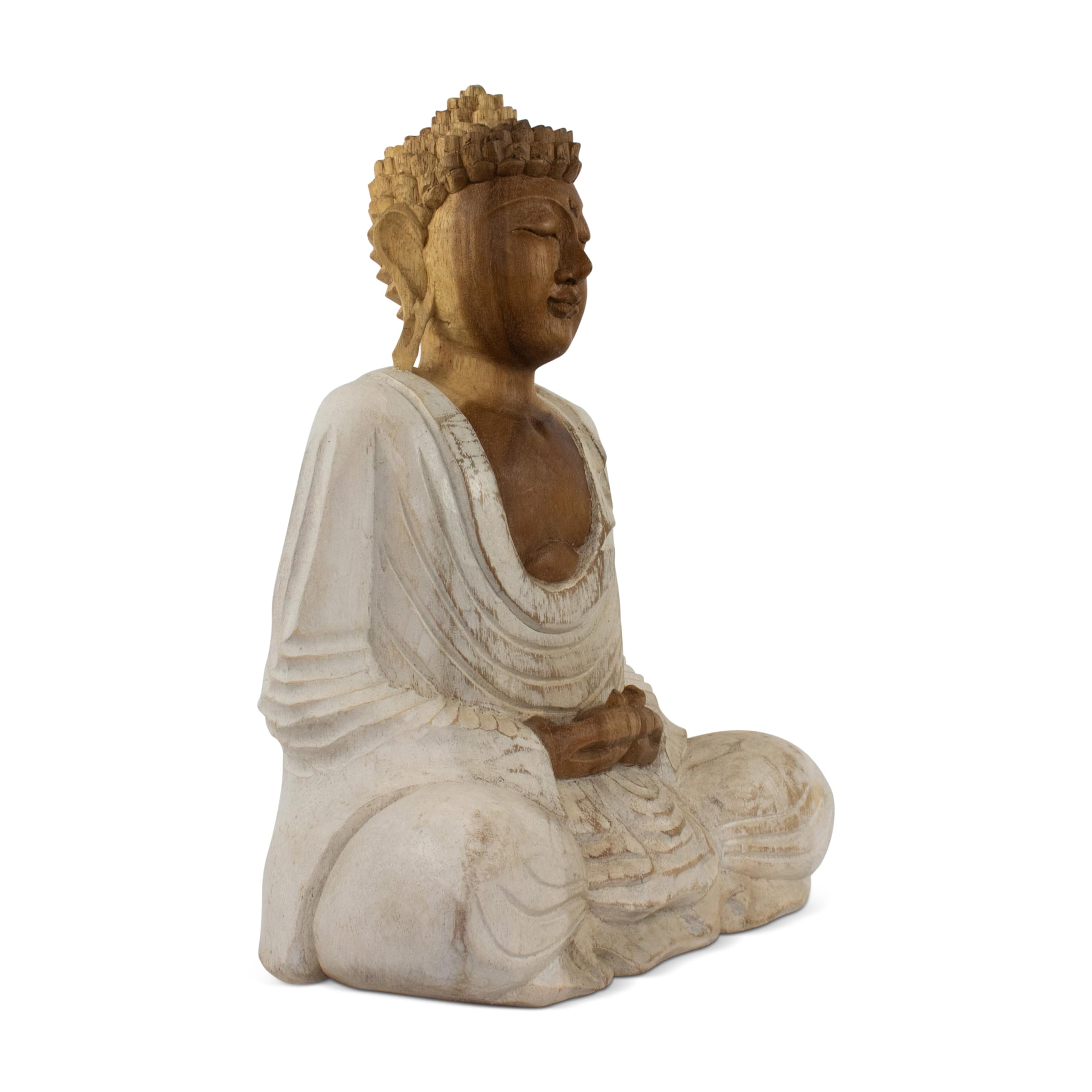 G6 Collection Statue de Bouddha en bois faite à la main en méditation sereine - Sculpture artisanale - Décoration d'intérieur (30,5 cm de haut - Blanchie)