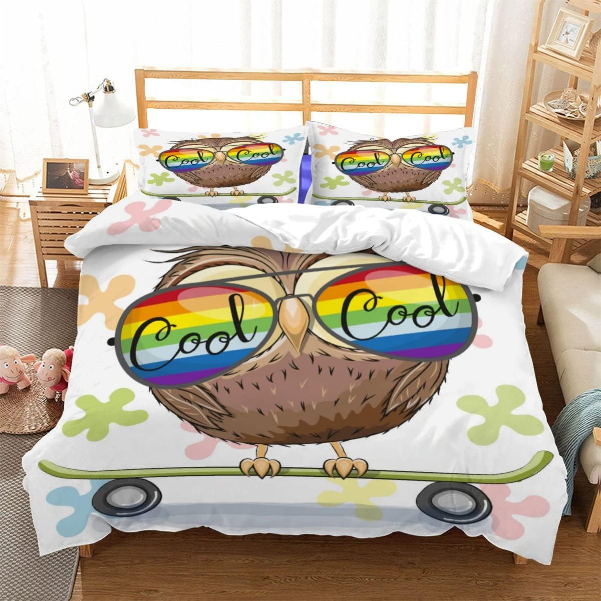 3D Printed Duvet Cover owl Pattern Printed Bedding Duvet Cover with Zipper Closure Soft Microfiber（240x220cm）