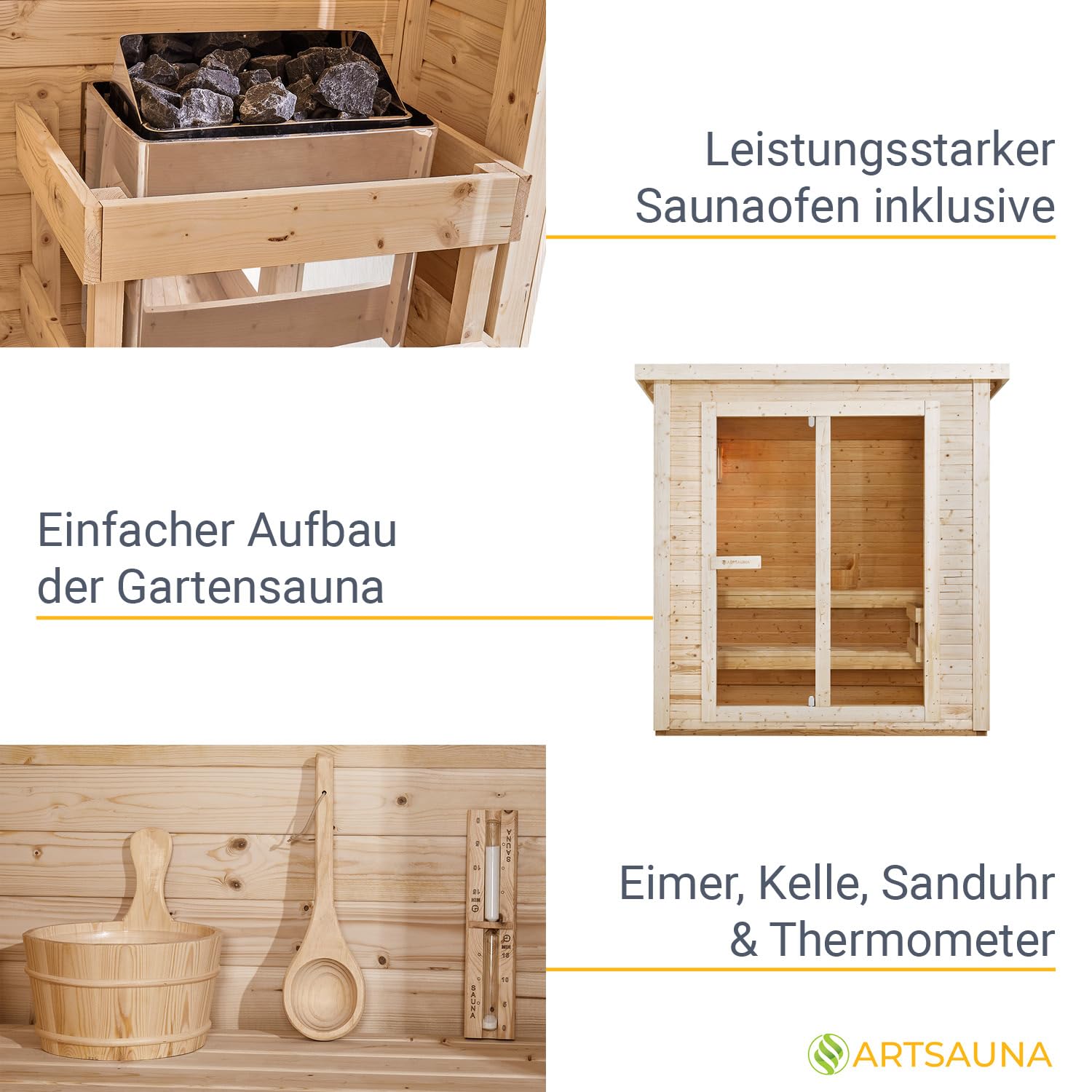 Artsauna Varberg Gartensauna 200 x 160 cm 8 kW Fichtenholz Outdoorsauna für 4 Personen Komplett Set