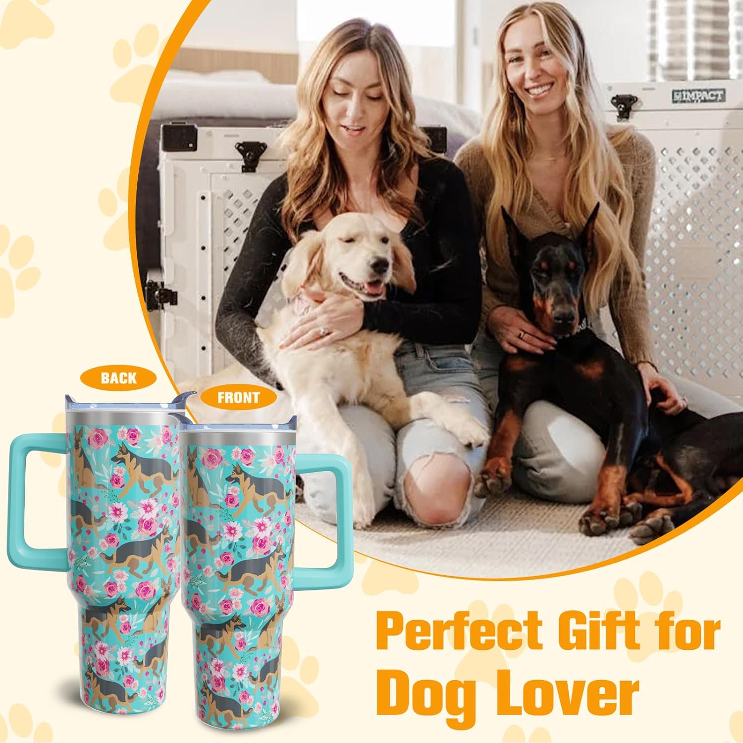 German Shepherd Gifts for Women Dog Lovers 40 oz Floral German Shepherd Tumblers with Handle and Straw, Stainless Steel Vacuum Insulated Travel Coffee Mug Cup Water Bottle