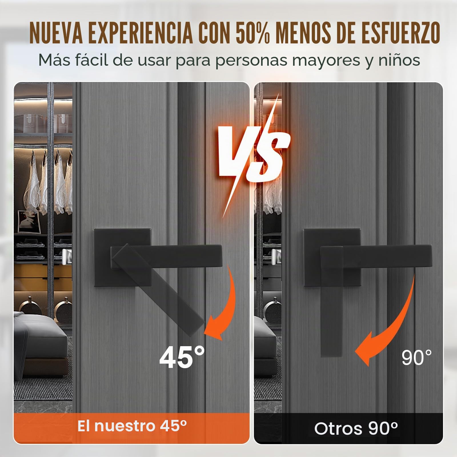 VEVOR 6 PCS Manija para Puerta de Paso, Manija Reversible para Zurdos o Diestros sin Bloqueo, Rotación de 45° para Abrir, Interior Cuadrado Universal para Pasillos, Espacios de Reunión, Negro Mate