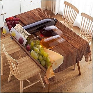 Swono Wine and Cheese Table Cloth Rectangle Tables Red Wine Bottle Glass Cheese Grapes On Wood Kitchen Table Cover Oblong 52"X70" Tablecloth for Dining Table Buffet Parties Patio and Camping