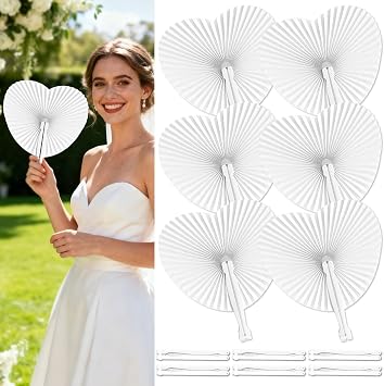 12 Pcs Heart Shaped White Paper Fans Folding Handheld Fans with Plastic Handle, Wedding Guest Favors, Party Supplies, Church Event Bulk Pack, DIY Decorations