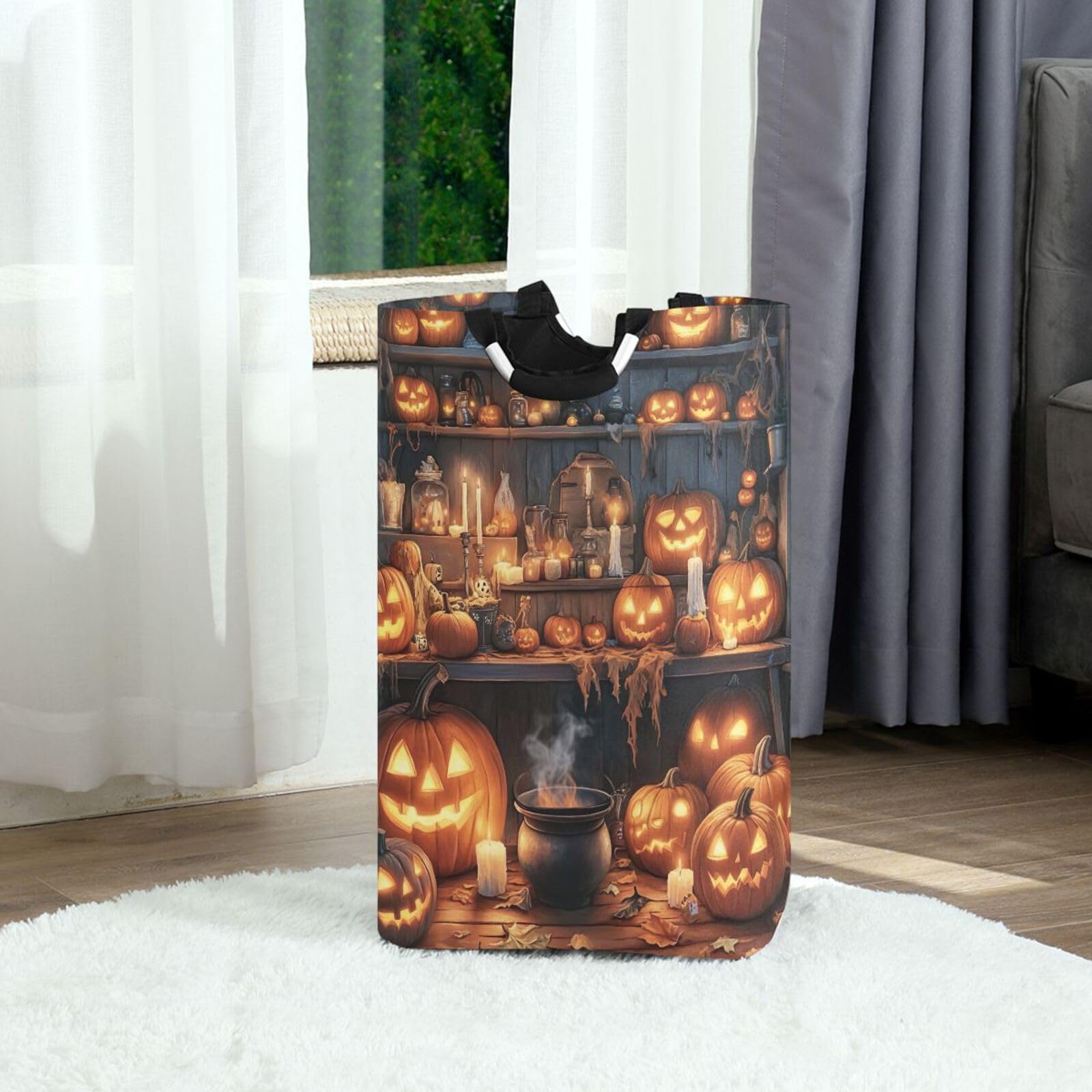 Jihqo Laundry Hamper Basket Halloween Pumpkin Collapsible Nursery Storage Bin Waterproof Clothing Baskets for Home Bedroom Bathroom Washing Room