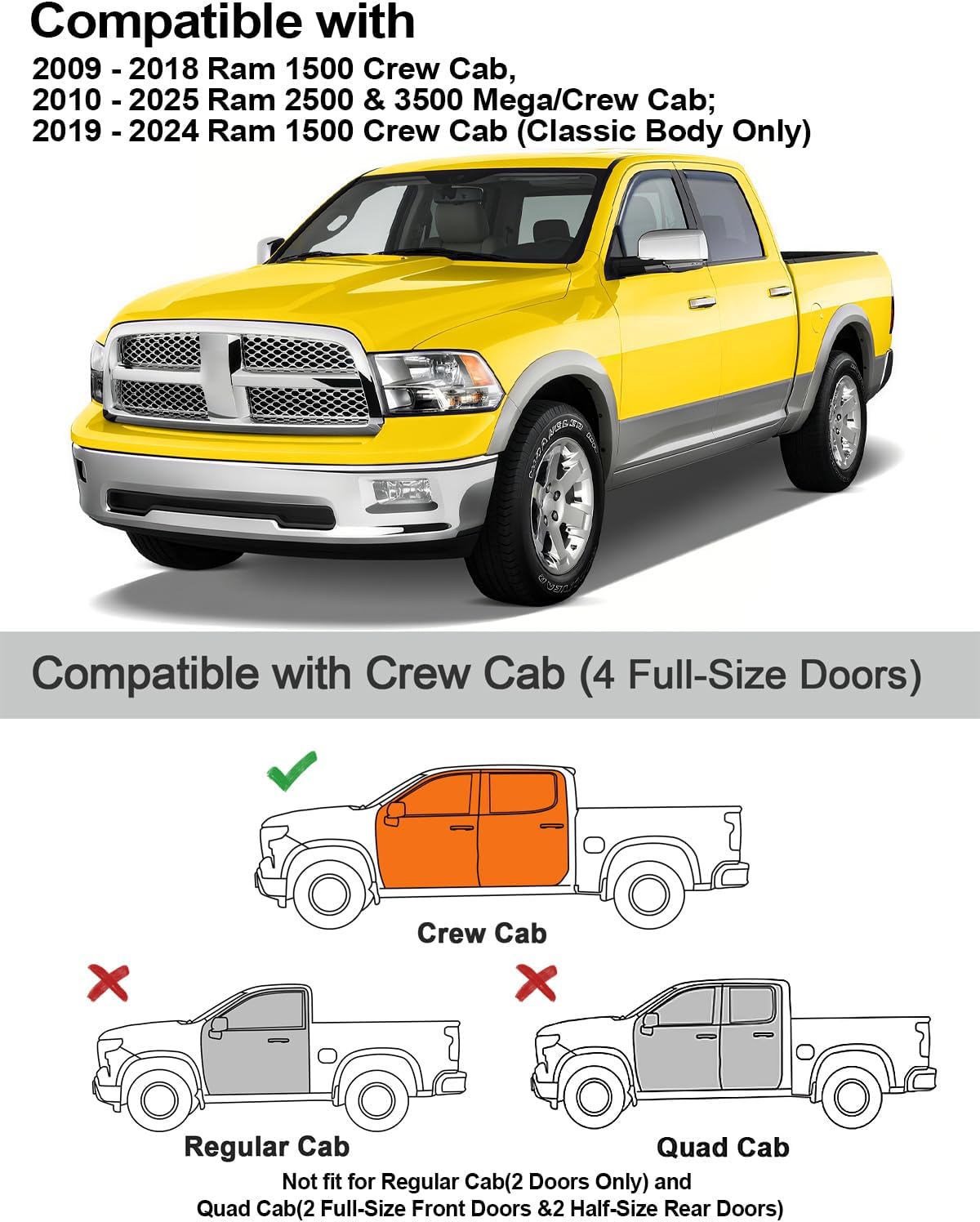 in-Channel Window Rain Guards Fit for Dodge RAM 2009-2018 Crew Cab Mega Cab Rain Guards Extra Durable Side Window Deflectors Visors Truck Vent Visors Vent Shades Car Accessories-4pcs