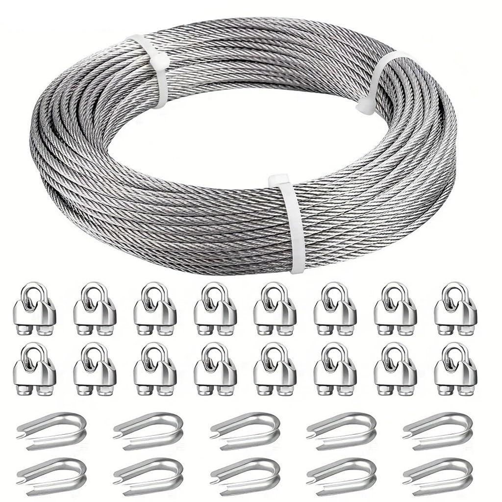 hcaklozgshi 2mm Wire Rope 304 Stainless Steel With Wire Rope Clamps&Thimble7X19 Strands Aircraft Cable For Zipline Deck Railing Clothesline(50FT-15M)
