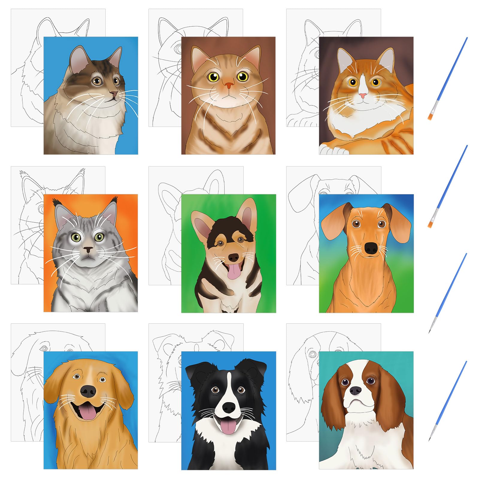 Toiles pré-dessinées chat et chien pour activité peinture en famille à la maison
