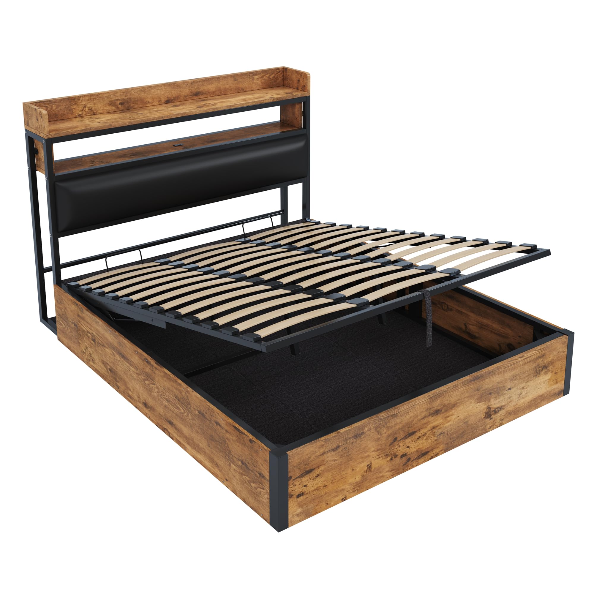 Letto 180 x 200 con sollevamento idraulico, USB, testata imbottita, design vintage in legno e metallo, spazio di archiviazione nascosto per letto matrimoniale. Mobili moderni per camera da letto