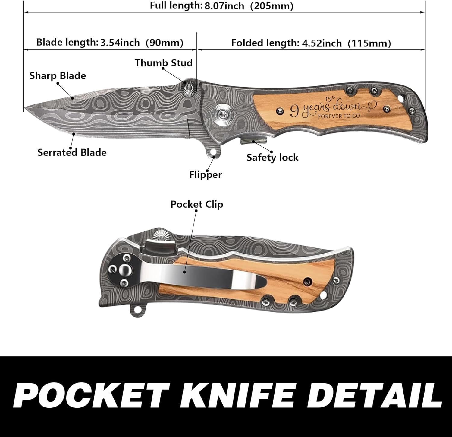 9 Years Anniversary Engraved Pocket Knife Gifts for Him, 9th Wedding Anniversary Keepsake for Men, 9 Years Willow Wedding Anniversary Marriage Presents for Husband, Wooden Handle Folding Knife with Wood Box
