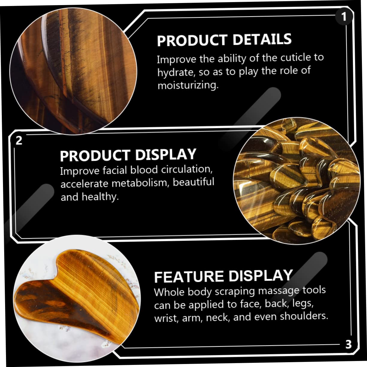 KOMBIUDA 3pezzi Tiger's Eye Gua Sha Board Strumento Massaggiante Naturale Per Rassodamento Facciale e Trattamenti Di Bellezza Facile Da Usare Per Routine Di Della e Rilassamento Muscolare