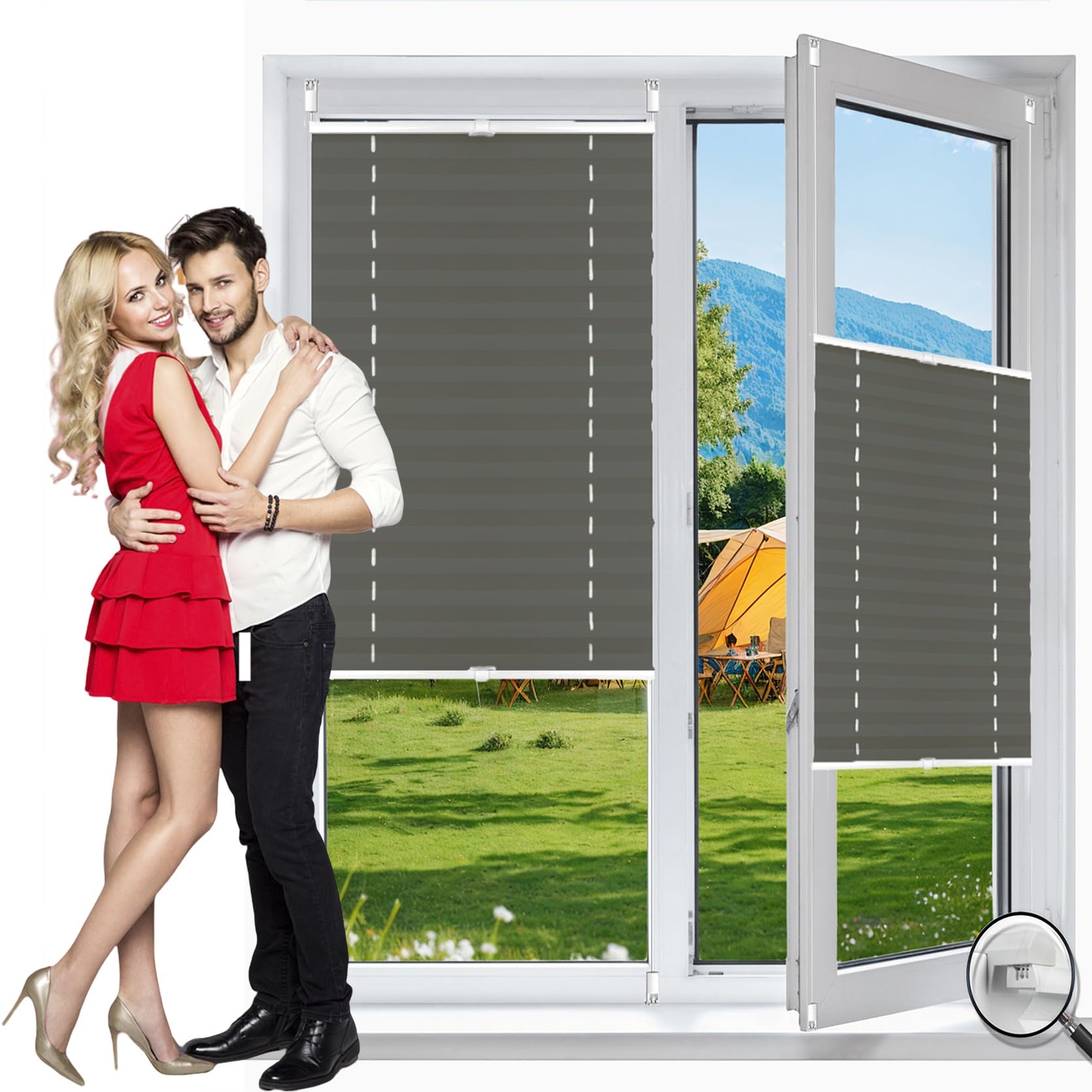 No Drill Blinds Temporary Window Blinds 85 x 195 cm (W x H), Easy to Install No Tools Needed Quick Fix, No Drilling Blind for Living Room, Blackout Pleated Blind, for Window Door, Light Grey