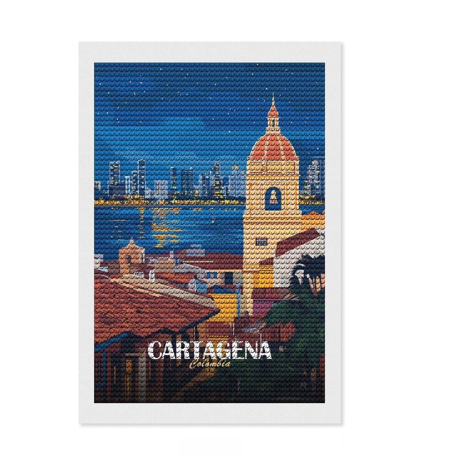 Junmoney Cartagena Colombia Cityscape at Night Diamond Art Kit 8"x12", for Women, Easy Handmade Project, Modern Decor, Festive Craft Gift, with Tool Kit