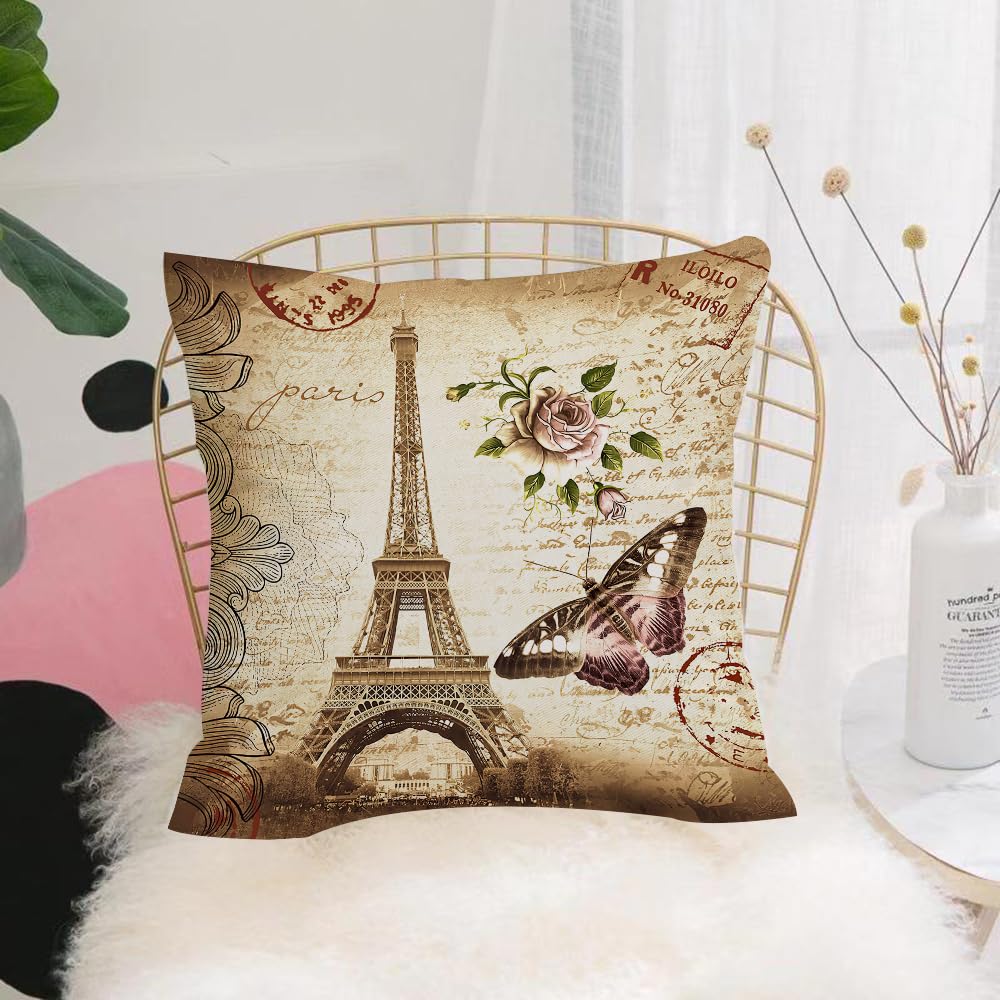 HYOSXW Cushion Cover,Throw Pillow Case Home Decorative for Living Room Bedroom Sofa Chair 16X16 Inch,Paris Eiffel Tower butterfly and flower,Pillowcase 40X40cm