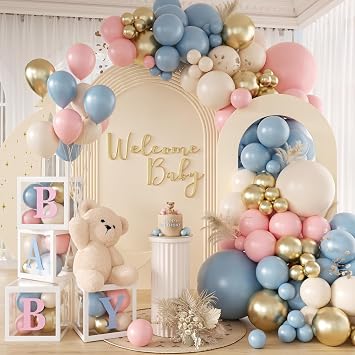 171Pcs Gender Reveal Balloon Boxes Decorations, Dusty Pink and Blue Balloon Garland Kit, 4pcs Baby Box With Letters for Boy or Girl Gender Reveal Boho Neutral Bear Theme Baby Shower
