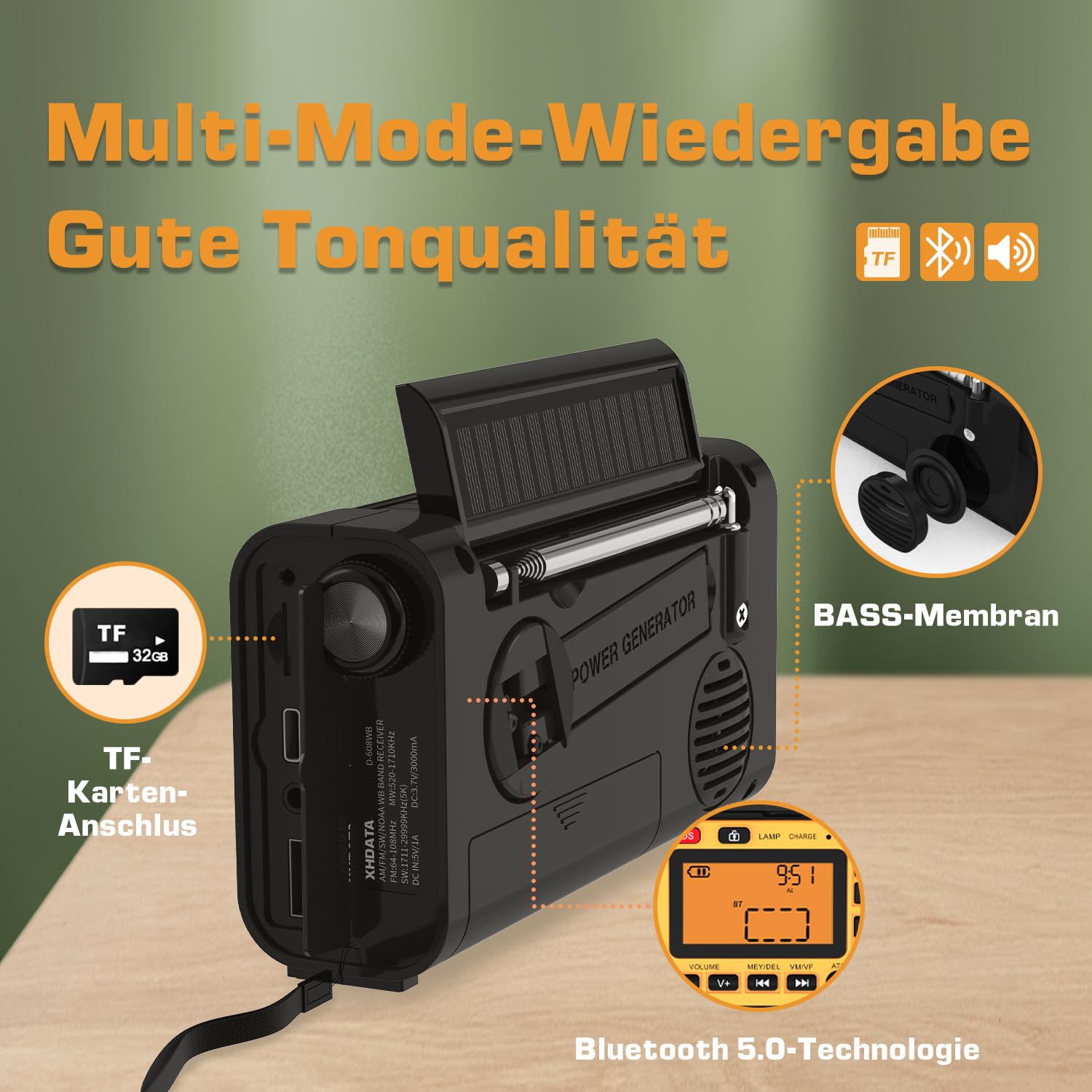 XHDATA D608WB Tragbares Notfall Radio mit Kurbel Solarradio mit Kurbel 3000mAh Akku Wiederaufladbares LED Taschenlampe und Leselicht SOS Alarm FM/MW/SW Bluetooth-Musik für Outdoor und Camping