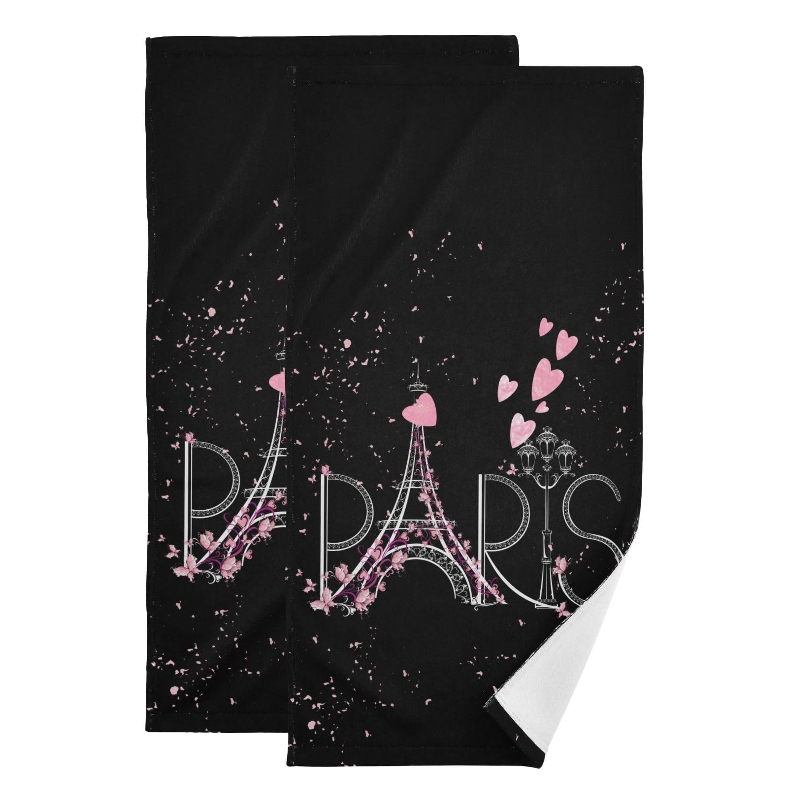 HUAZHIKOU Eiffel Tower Chic Paris Hand Towels for Bathroom Set of 2 Romantic Theme Black Pink Face Towels Microfiber Modern French Kitchen Towels Decorative Bathroom Towel for Shower Guest 14