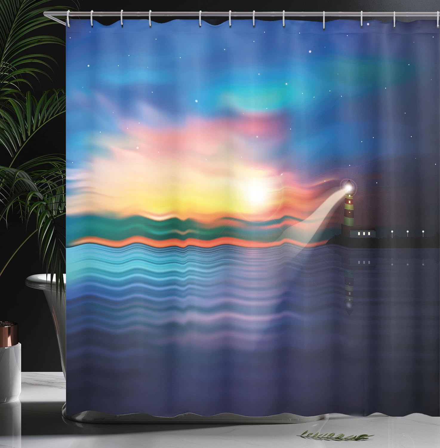 Ambesonne Lighthouse Shower Curtain, Majestic Dreamy Sky and Ocean Stars Rising Sun Beacon Bay Beach Blurry Abstract Colorful Night, Fabric Bathroom Decor Set with Hooks, 69" W x 75" L, Blue Yellow