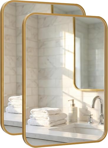 2-Pack 22x30 Inch Matte Gold Bathroom Vanity Mirrors | Flush Mount Deep Set Metal Wall Mirror for Over Sink | HD Shatterproof Glass, Rustproof