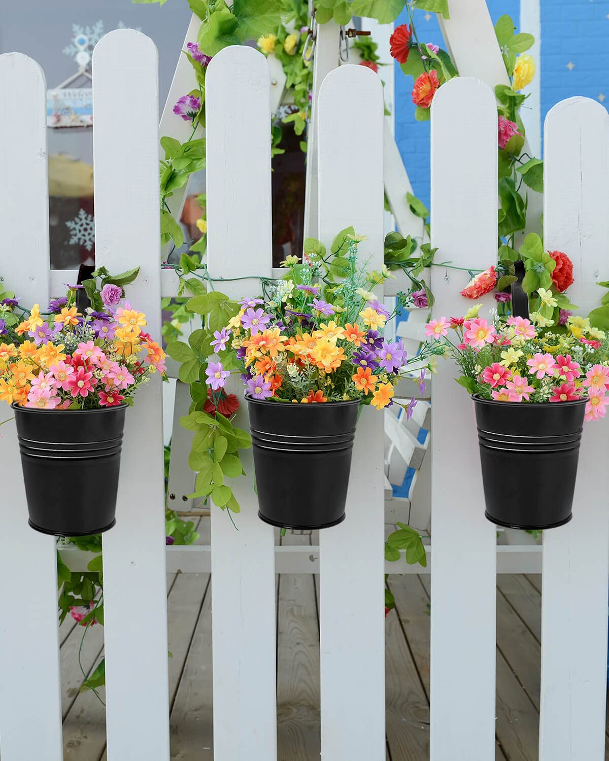 vensovo 4 Inch Black Hanging Flower Pots Indoor - 12 PCS Metal Iron Buckets with Removable Hooks and Drainage Holes, Small Hanging Planters for Railing Fence Outdoor, Great for Garden, Home Decor