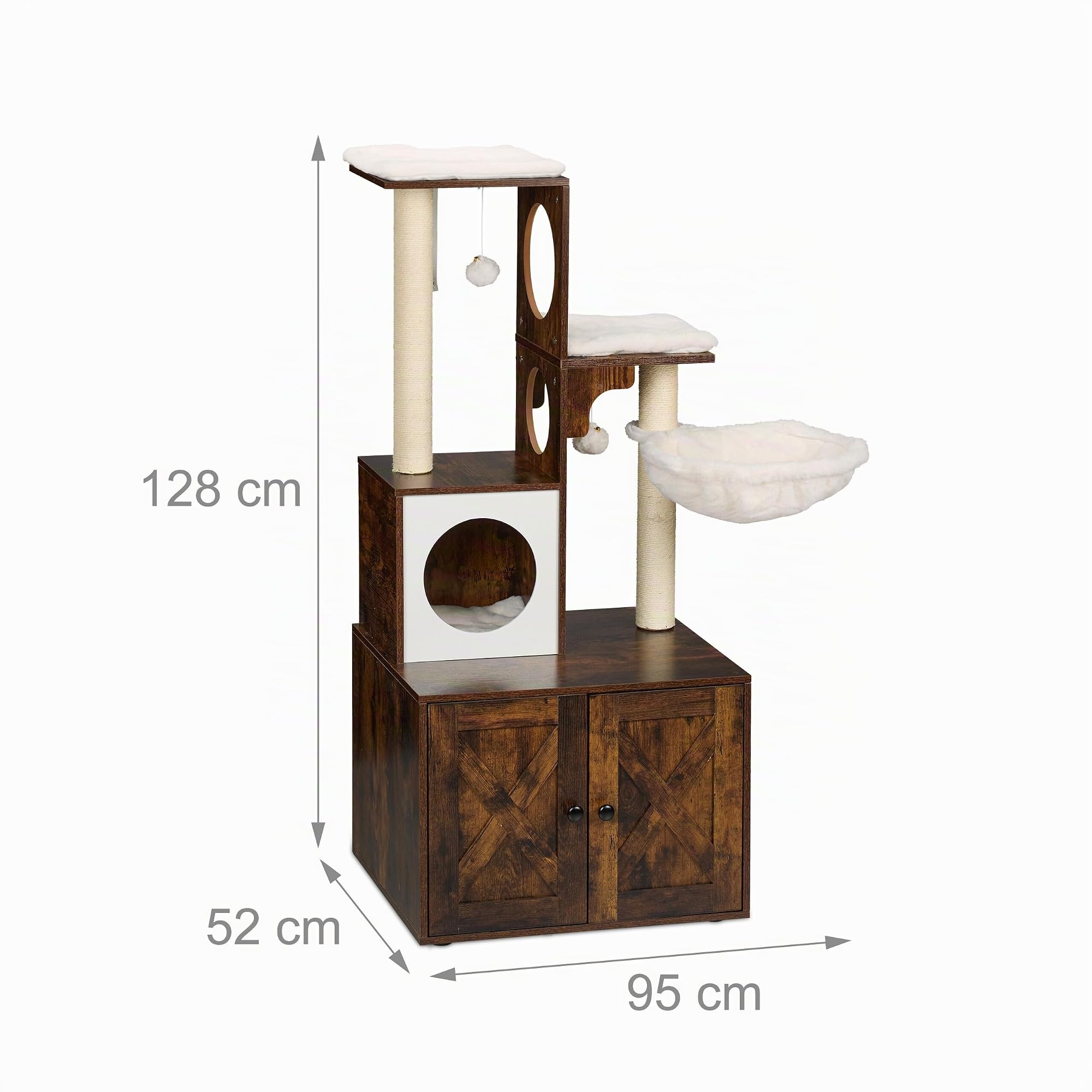Relaxdays Albero Tiragraffi Gatti, Torre Alta 128 cm, con Cuccia, Armadietto Lettiera, Graffiatoi, Palle, Marrone Bianco