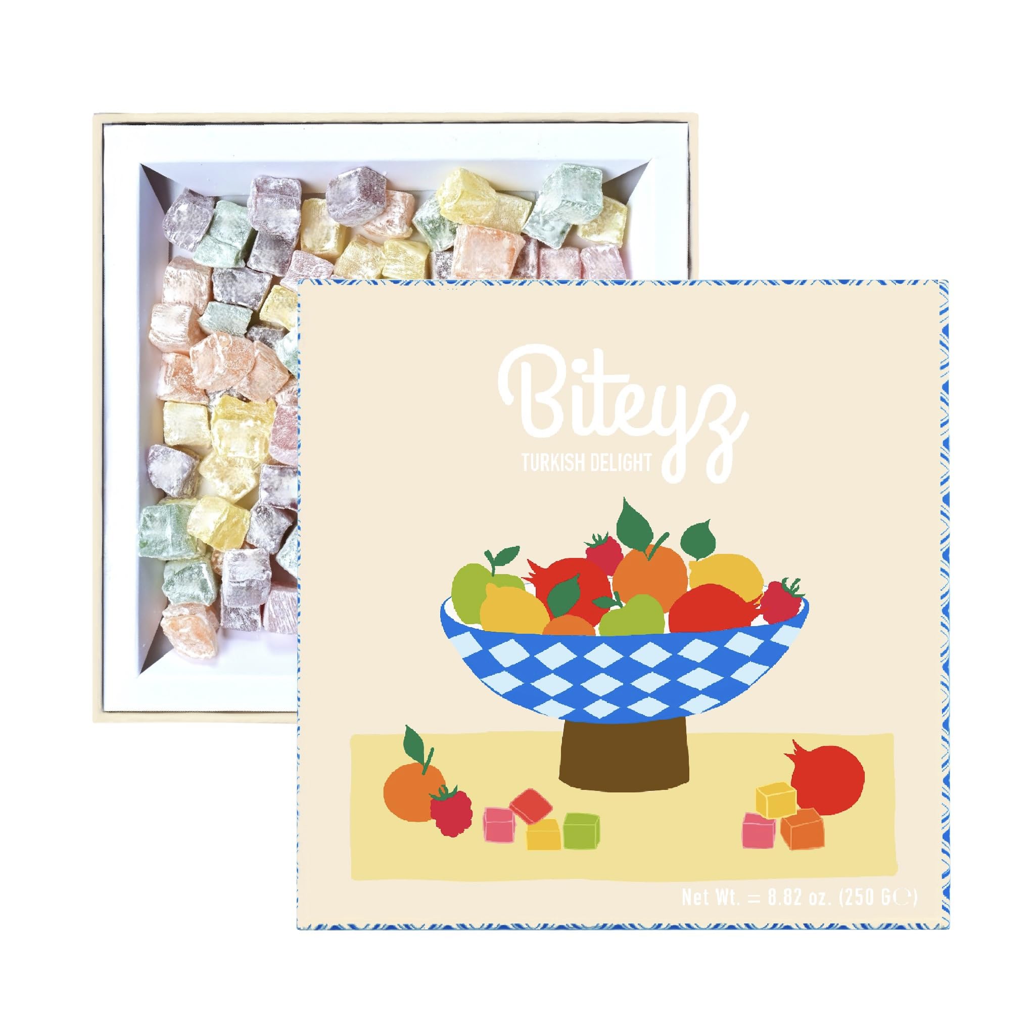 Biteyz Mini Turkish Delight, Vegan Candy Box - Assorted Candy Fruit Snacks with Lemon, Apple, Orange, Pomegranate, and Raspberry Flavors, 8.82 oz of Vegan Snacks Gift
