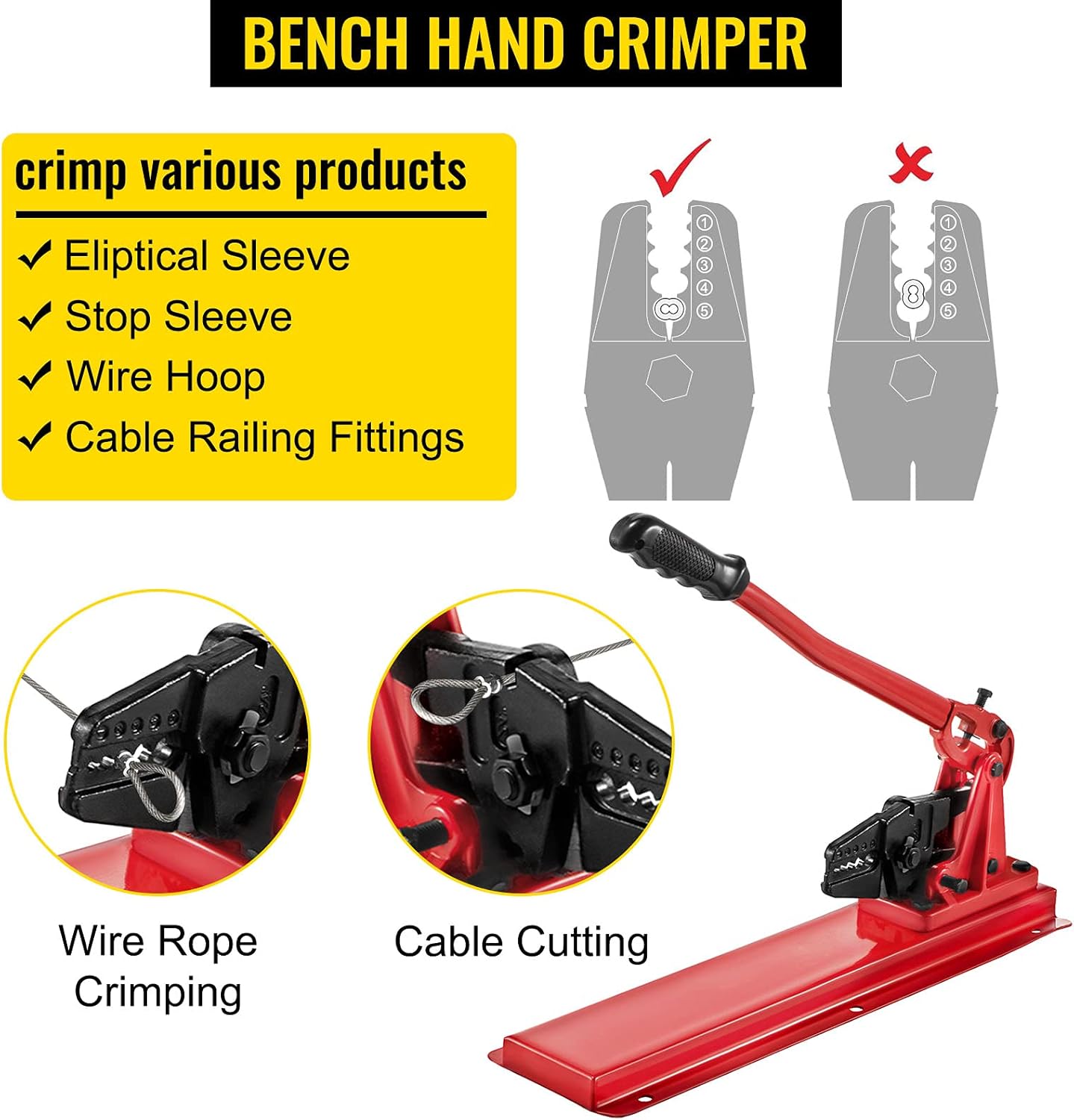 Happybuy 24"" Bench Swager Tool - Wire Rope Swaging Crimper with Cutter Head for 1/16"" - 3/16"" Aluminum/Copper Sleeves, Bench Alloy Steel Crimper for 1/2"" Wire Rope