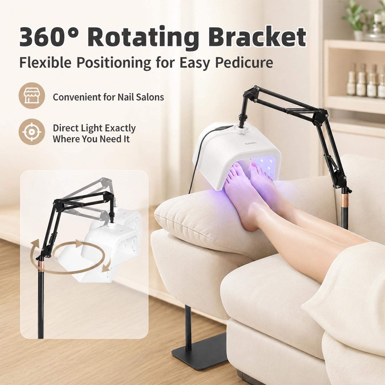 Lampa UV do Stóp ze Stojakiem, Suszarka do Paznokci Żelowych do Pedicure | Lampa do Pedicure 48 W z Akumulatorem, 33 Diody LED, Czujnik IR, 4 Timery i Odłączany Stojak Podłogowy