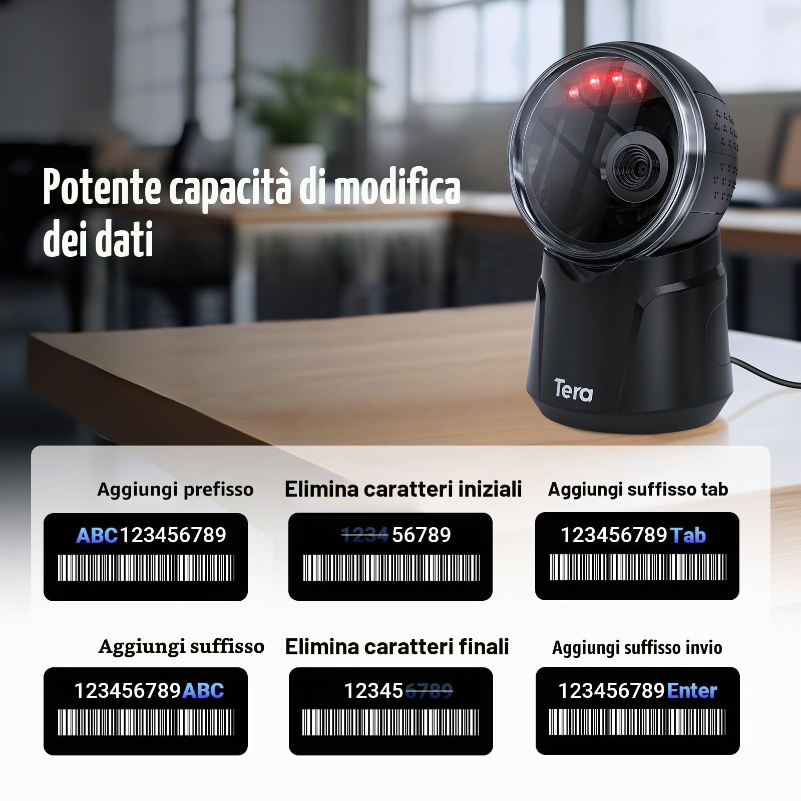 Tera Scanner codici a barre Desktop Omnidirezionale: 1D 2D QR Scanner codici a barre cablato USB Testina di scansione regolabile per POS Supermercato Vendita al dettaglio Pagamento mobile Modello 9000