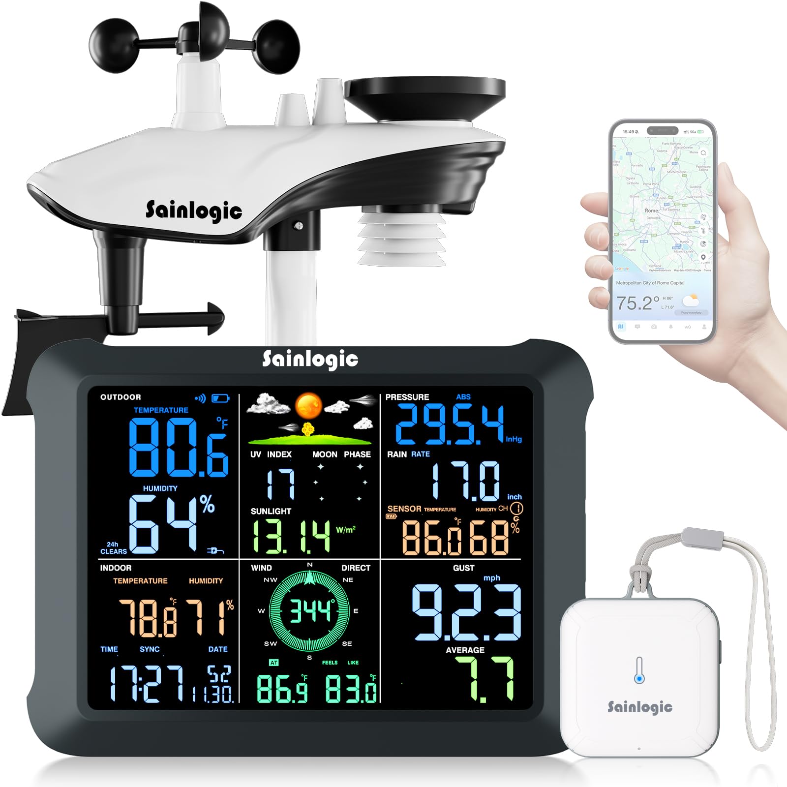 Sainlogic Stazione Meteo Intelligente SA9Plus WiFi, Sensore Senza Fili Interno/Esterno, 24/7 da Weatherseed® AI, UV, Allarmi e Esportazione Dati per 2 Anni