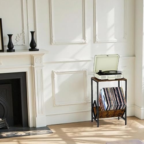 Miniatura 9 de Mesa auxiliar de 2 niveles, mesa auxiliar, soporte para tocadiscos con almacenamiento de hasta 100 álbumes, almacenamiento de discos de vinilo,