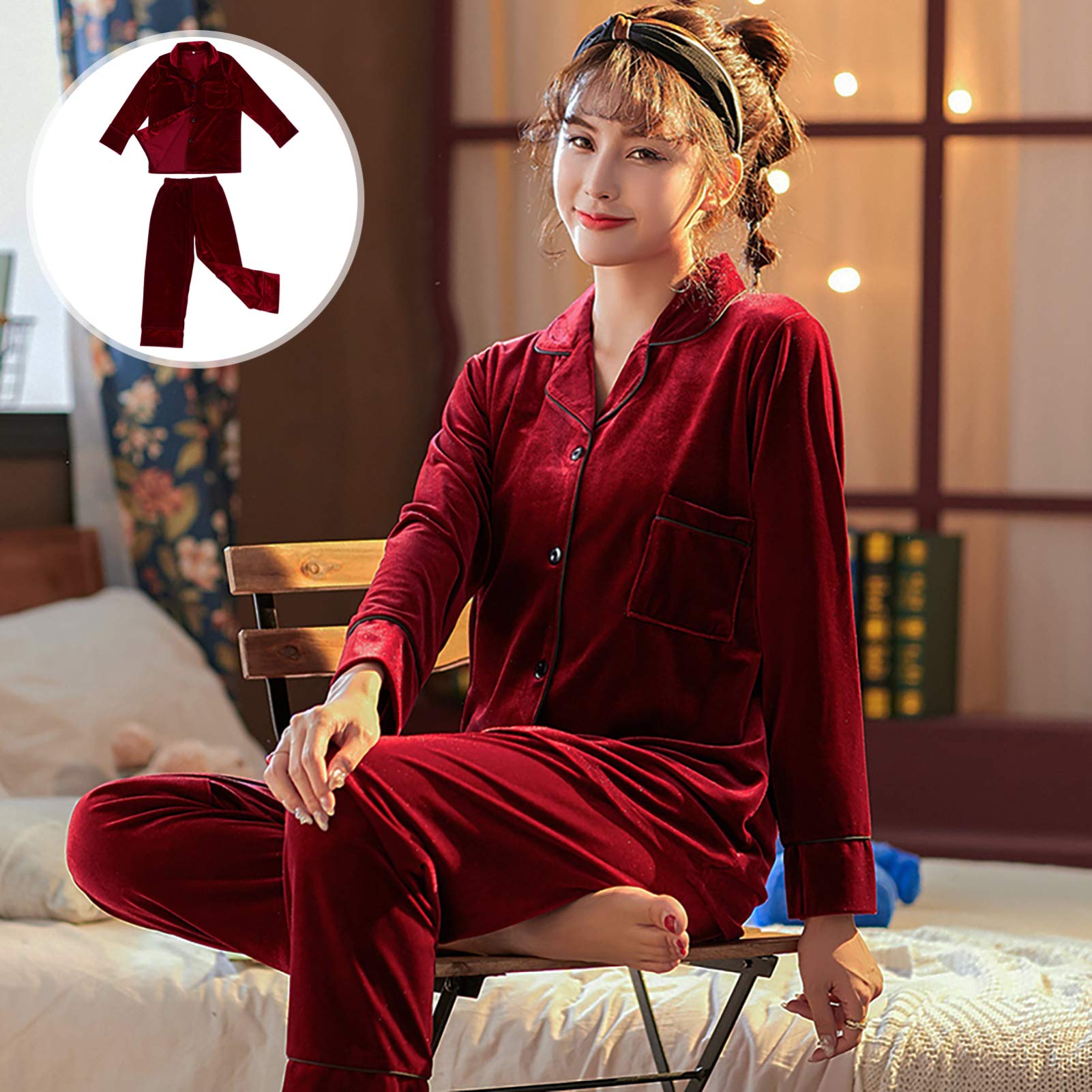 SOIMISS Conjunto de Pijama de Mujer para Invierno, Ropa de Dormir Cálida y Cómoda de Poliéster y Spandex, Manga Larga Adecuado para Temporadas Frías