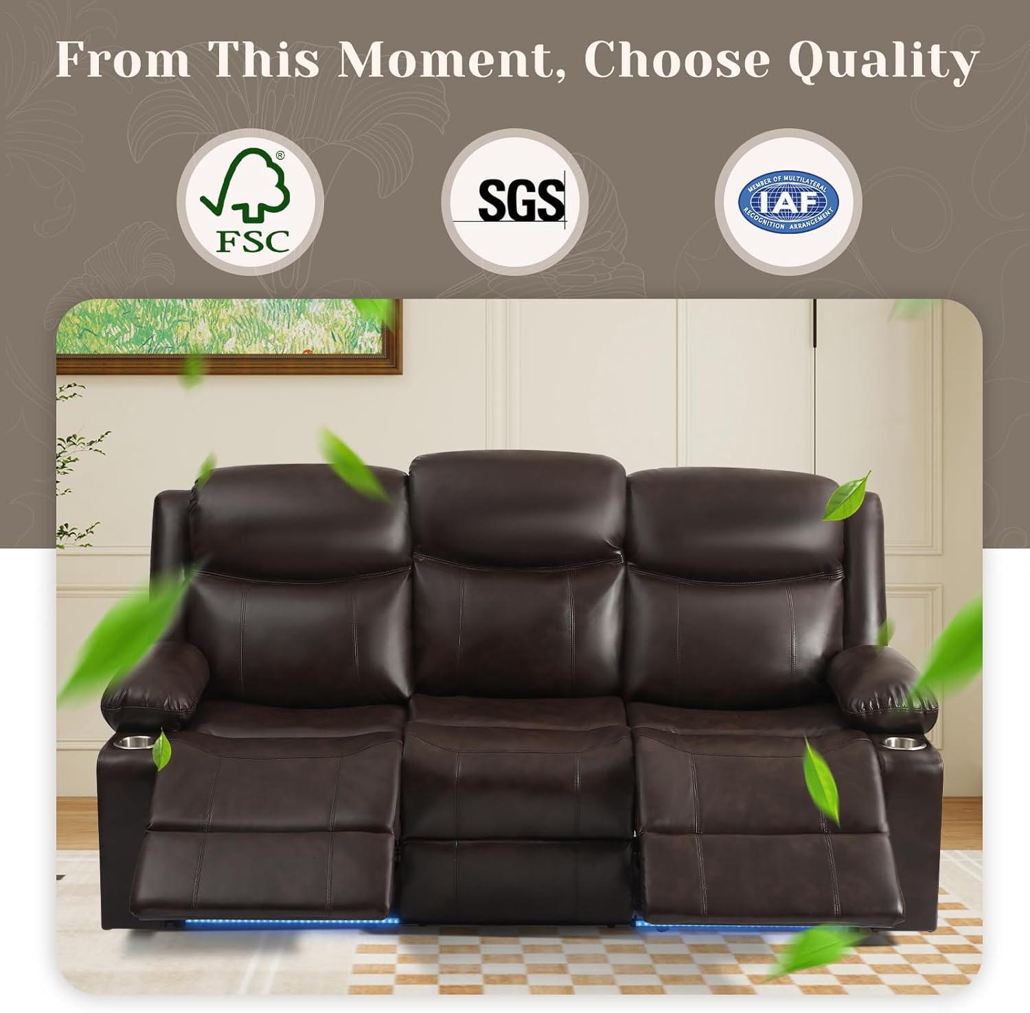 Power Reclining 3-Seater Sofa for Home Theater, Electric Recliner Couch with LED Lights, USB & Type-C, RV Sofa with Cup Holders, Side Pocket, Faux Leather (Brown)