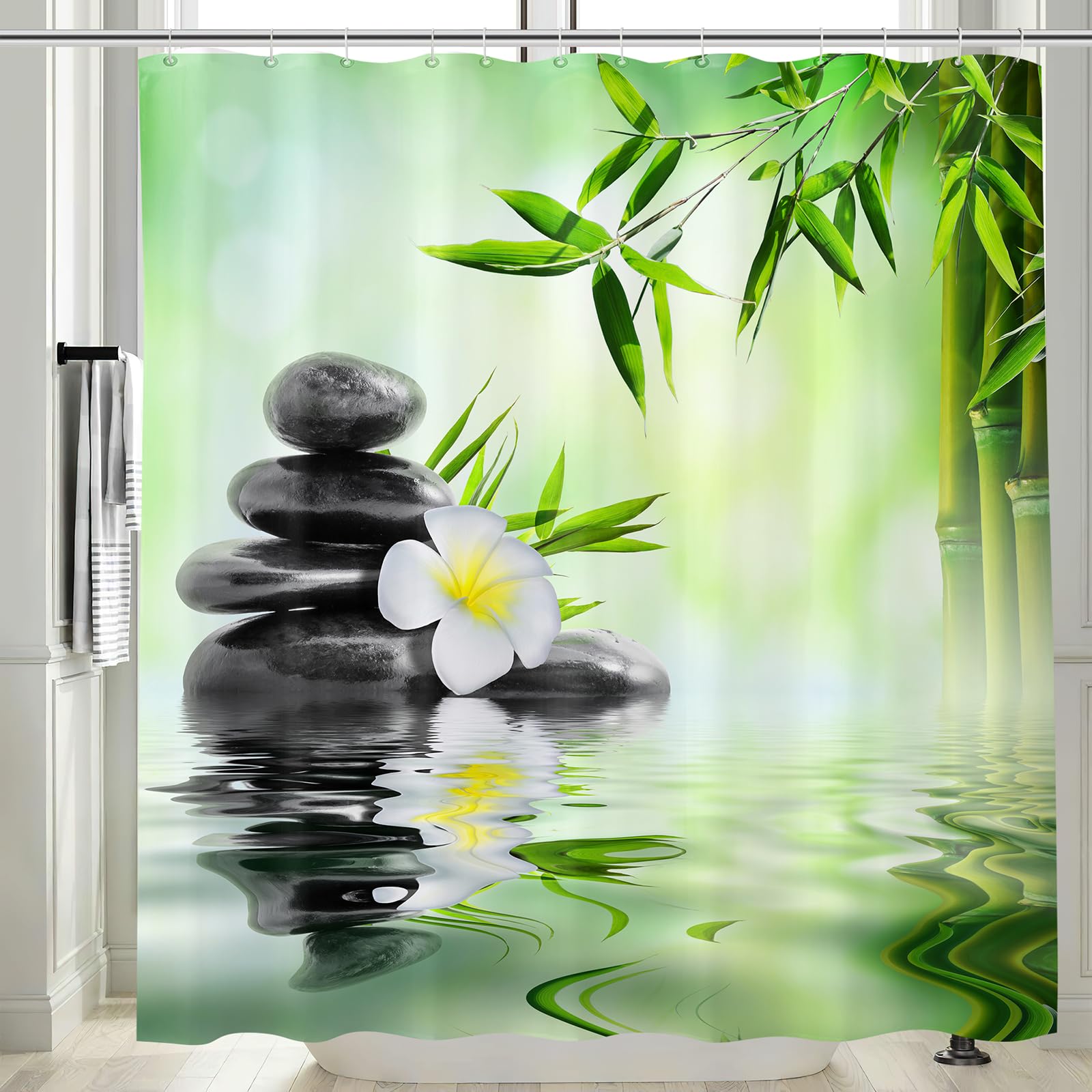 Vgzsyomqib Extra Long Shower Curtain for Wet Room Bath 180x200cm Drop Waterproof Anti Mould Proof Resistant Fabric Zen Stones Bamboo Bathroom Shower Curtains Washable with Hooks, Green Black