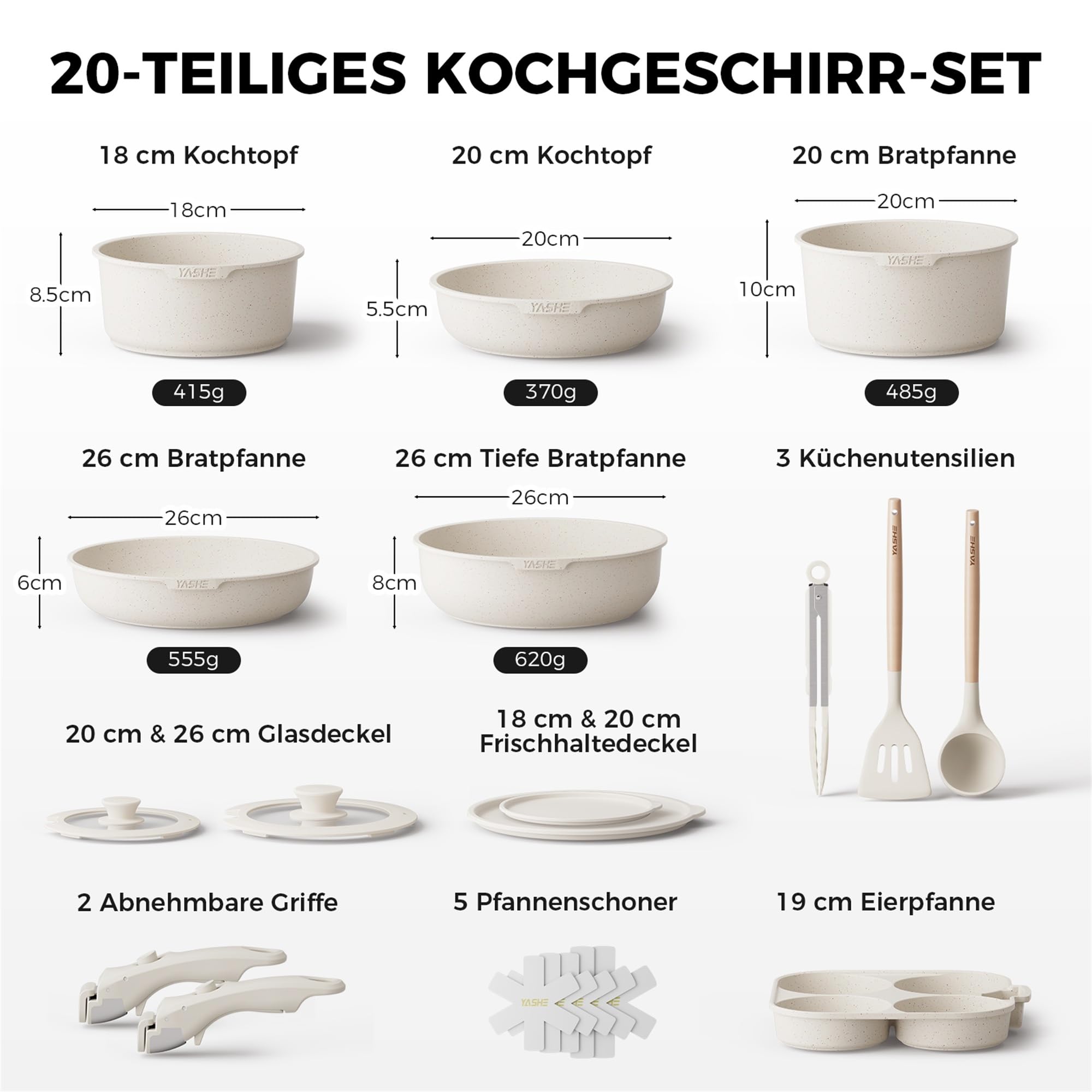 YASHE 20-teiliges Kochgeschirrset, Induktion, ungiftig, PTFE- und PFAS-frei | Zwei abnehmbare Griffe und Eierpfanne mit 4 Mulden; Kochgeschirrkörper ohne Griffe backofengeeignet; für alle Herdarten