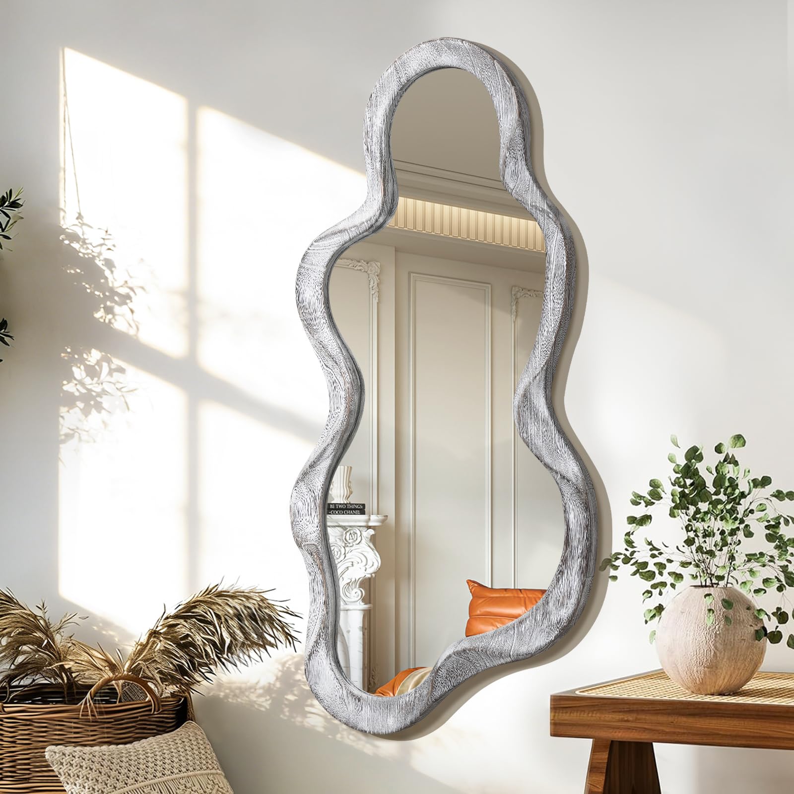 Lzuso Irregular Wall Mirror Cloud Wood Frame Asymmetrical Modern Mirrors for Vanity Bathroom Living Room Bedroom Entryway Hallway Modern Unique Decorative Artistic Mirror Natural