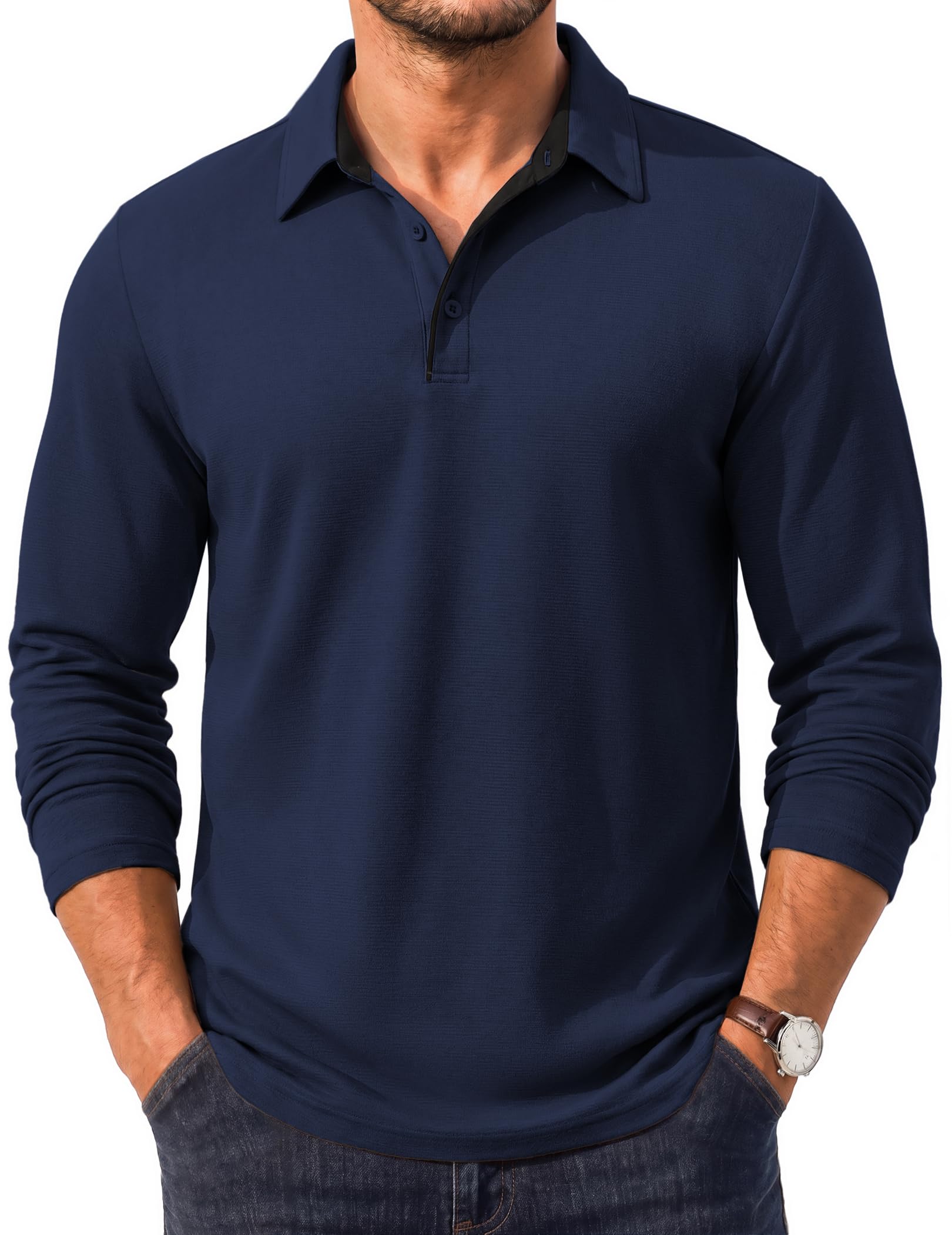 COOFANDY Men's Long Sleeve Polo Shirt Collared Performance Golf Shirts | Contrast Placket, Moisture-Wicking Fabric with UPF 50+ UV Protection, Tailored fit for golf, office, and outdoor activities.