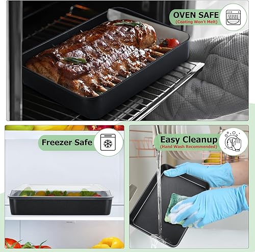 Miniatura 4 de TeamFar Molde para hornear pequeño con tapa, sartén rectangular antiadherente para lasaña de brownie con núcleo de acero inoxidable, para horno y