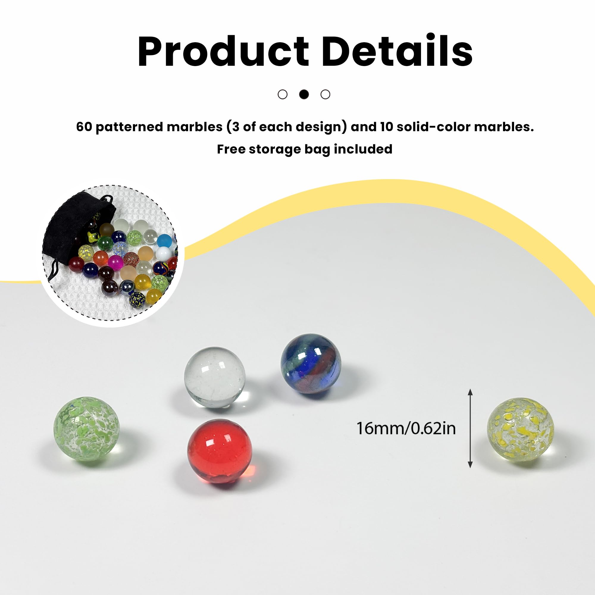 Juego de 70 bolas de cristal (16 mm x 60 - Pequeñas bolas de colores con motivos + 16 mm x 10 transparentes sin patrón), bolsa de almacenamiento para bolas de cristal, mezcla de bolas multicolores