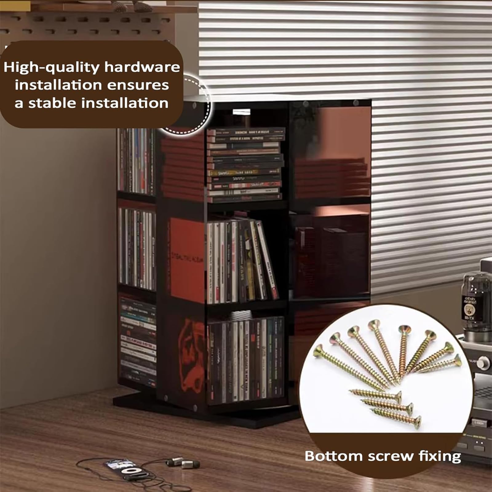 Porta Dischi in Vinile Girevole, Torre Porta CD Girevole A 360°, Display Aperto su 4 Lati, capacità 120 CD, Organizer Salvaspazio per Libri, Riviste E Dvd. A