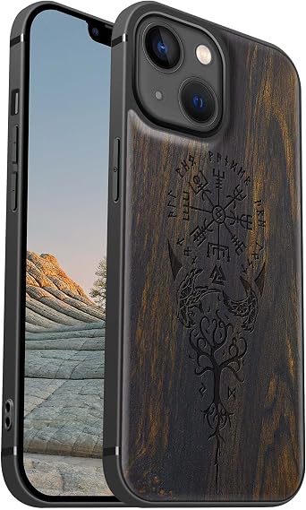 Carveit Wood Case for iPhone 13 Mini, Viking Compass Vegvisir -Blackwood