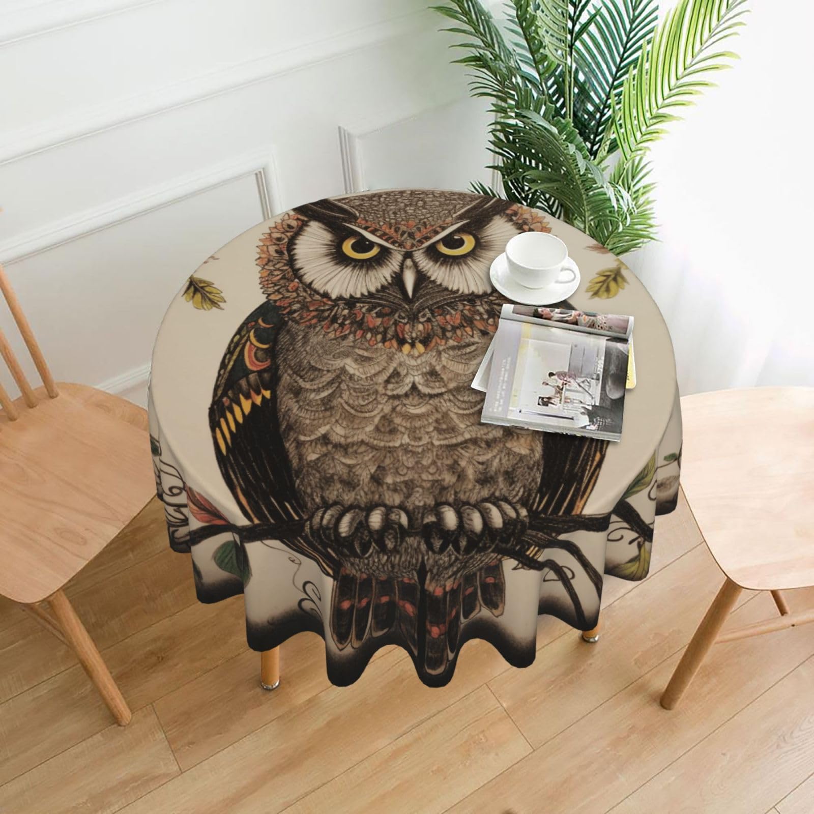 WPKJU Owl Beliefs Printed Round Tablecloth 60 in Water Resistant Table Cover Washable Table Cloth for Dining Tables