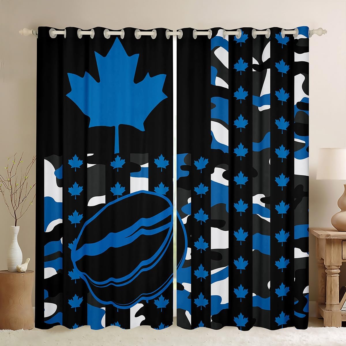 Ice Hockey Winter Sports Window Drapes Block 30%-50% Light,Canadian Flag Maple Leaf Kitchen Window Treatments 42Wx63L Inches,Blue Black Camouflage Stripes Vintage Decor Window Curtains
