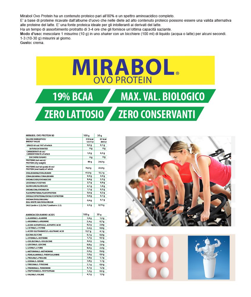 Volchem Mirabol Ovo Protein 80, Integratore Alimentare con Proteine dell'Uovo, 80% Purezza, 19% Aminoacidi Ramificati, Senza Lattosio e Conservanti, Busta con Polvere Solubile, Gusto Crema, 500 g