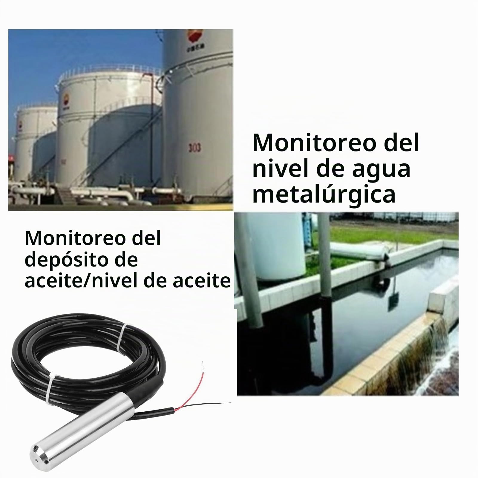Sensor de Nivel de Agua IP68 Transmisor 4-20mA con Cable 5m Precisión 0.2%-0.5% FS Rango 0-2m 45° Industrial para Tanque Depósito Reservorio Medición Continua