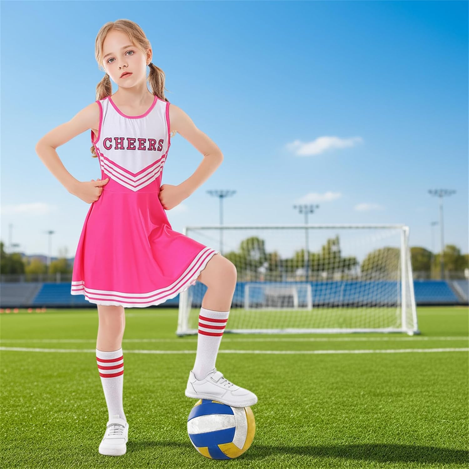 Girls Cheerleader Uniform Set Halloween Cheerleading Dress Outfits with Pom Poms Socks for Birthday Party Sports - Image 4